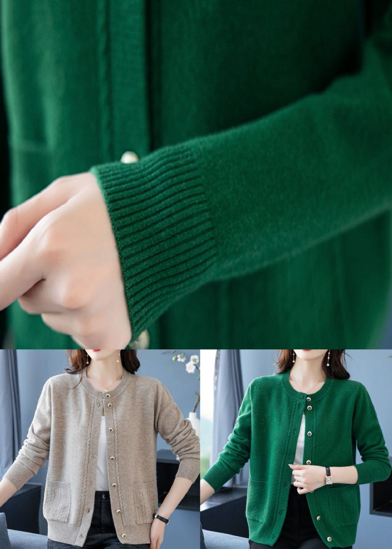 Chic Gröna Fickor Knapp Patchwork Tjock Ull Lös Kappa Höst - Koftor för kvinnor