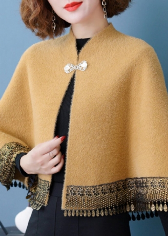 Chic Gul Stativ Krage Tofsfickor Patchwork Mink Sammetsrockar Höst
