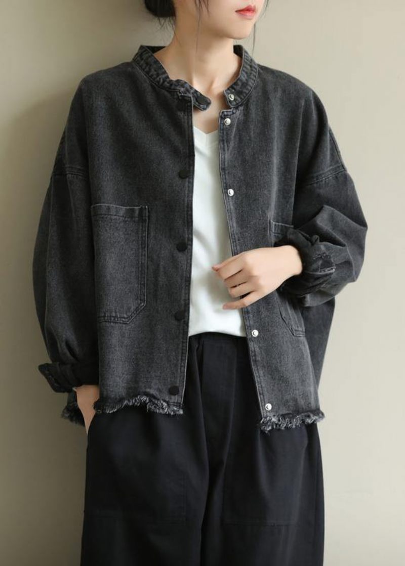 Chic Jeanssvart Plus Size Kläder Arbetsställ Kragfickor Ytterkläder