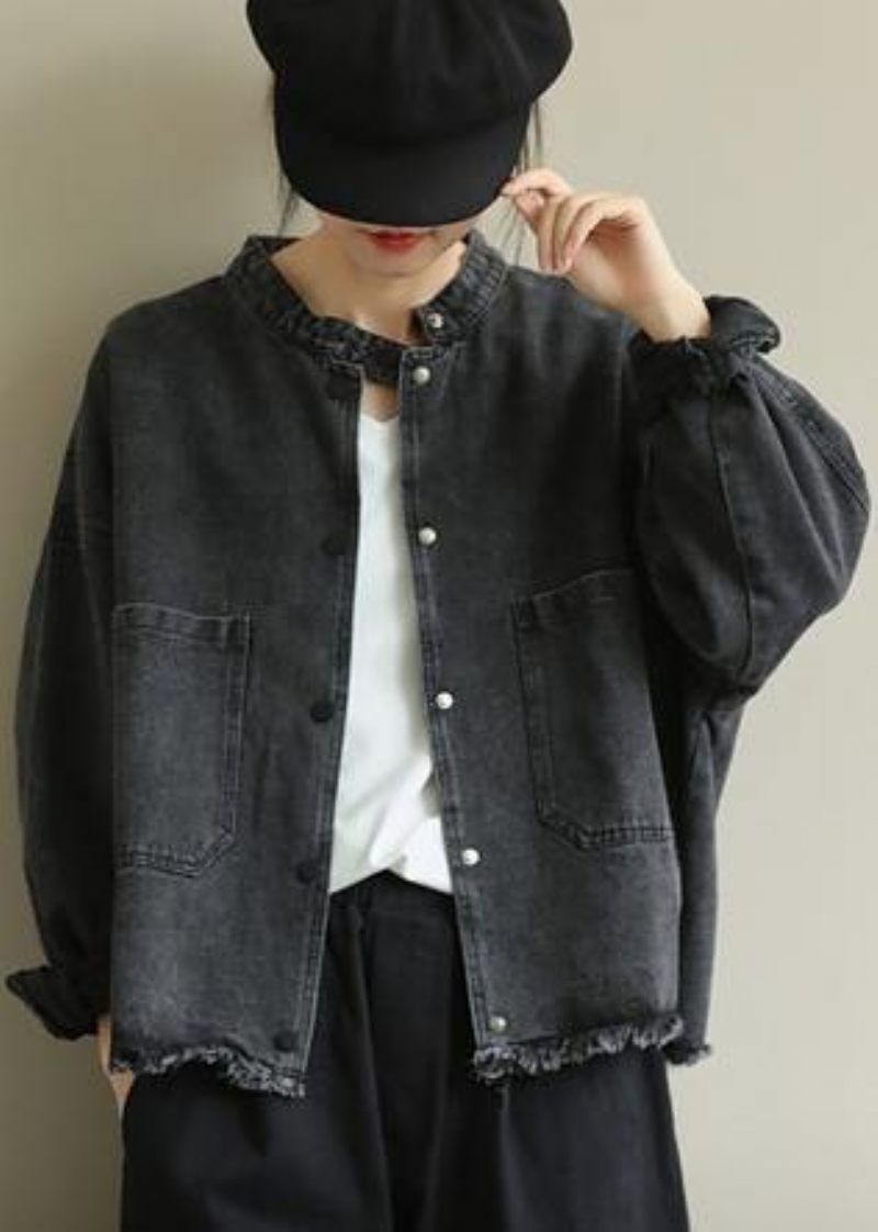 Chic Jeanssvart Plus Size Kläder Arbetsställ Kragfickor Ytterkläder - Blå