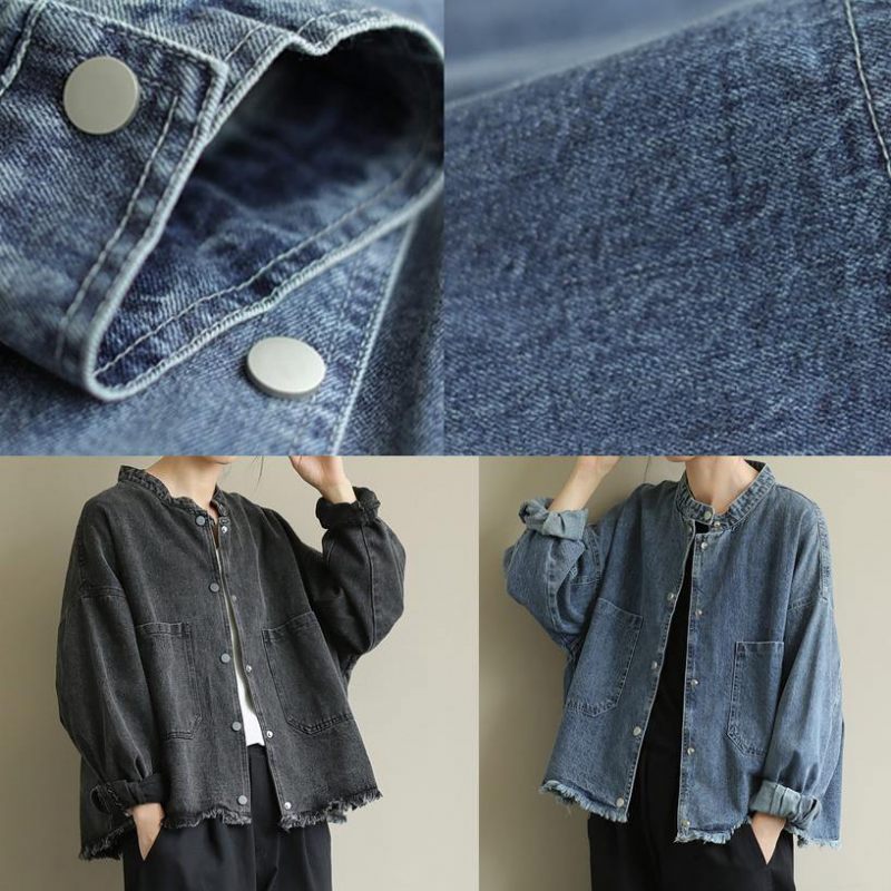 Chic Jeanssvart Plus Size Kläder Arbetsställ Kragfickor Ytterkläder - Blå