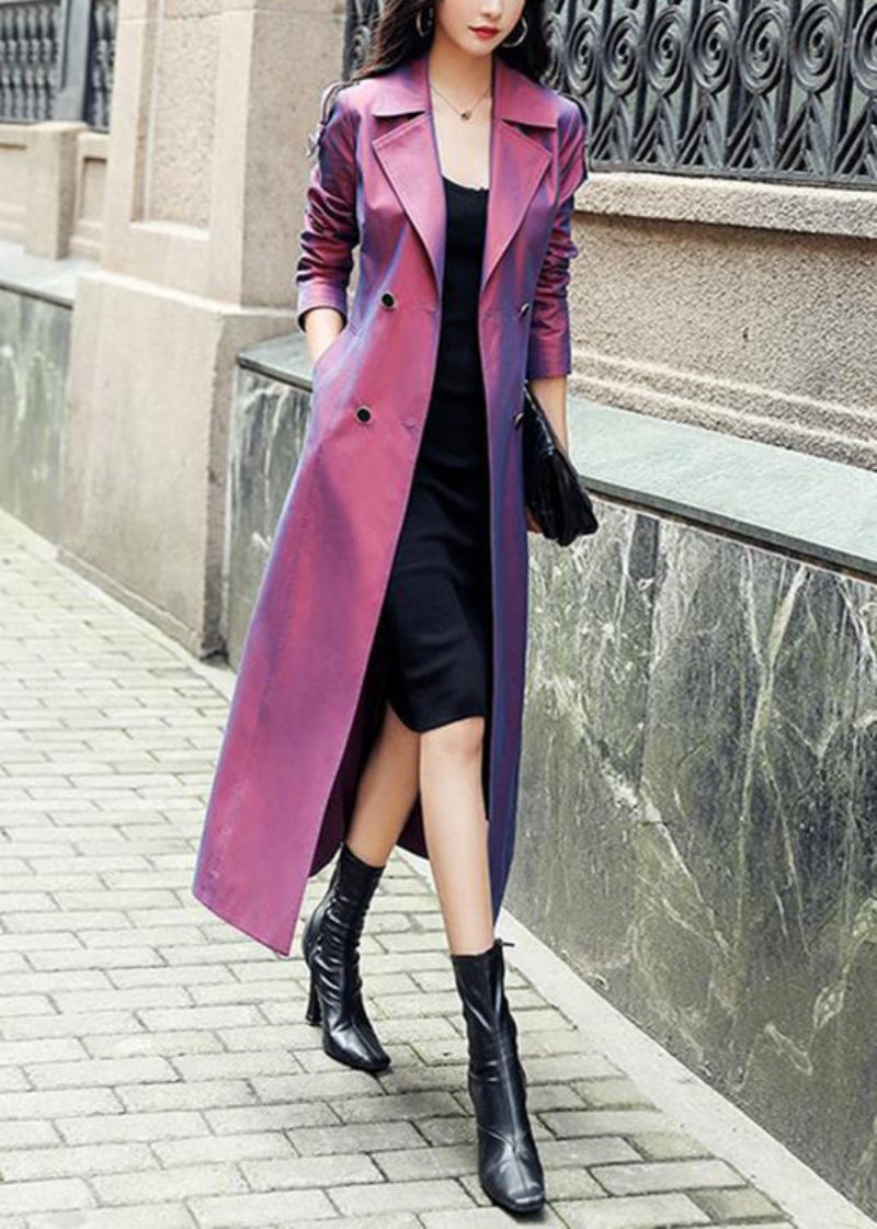Chic Lila Knappfickor Patchwork Bomull Långa Trenchcoats Höst - Koftor för kvinnor