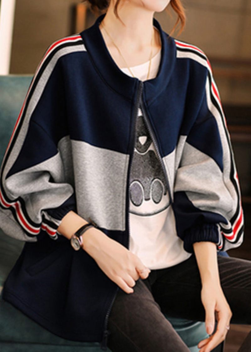 Chic Marin Stativ Krage Dragkedja Patchwork Coat Höst