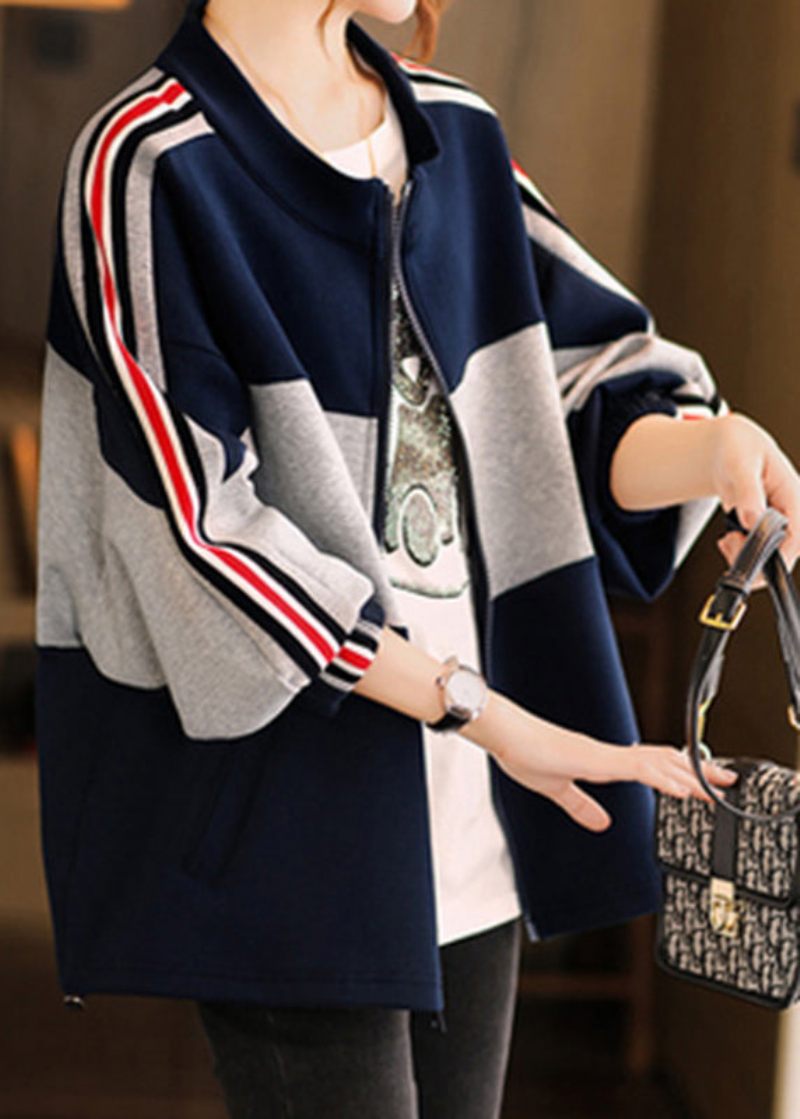 Chic Marin Stativ Krage Dragkedja Patchwork Coat Höst - Vinterkappor för kvinnor