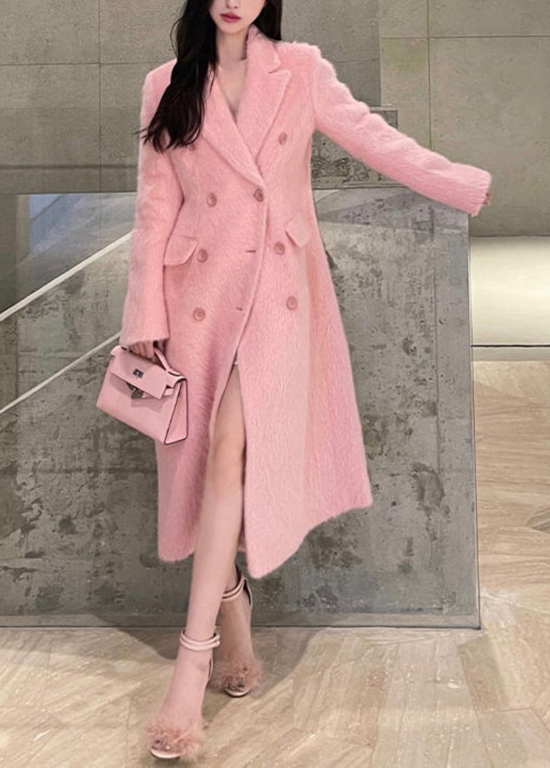 Chic Rosa Peter Pan Krage Dubbelbröst Patchwork Yllerock Vinter - Ullrockar för kvinnor