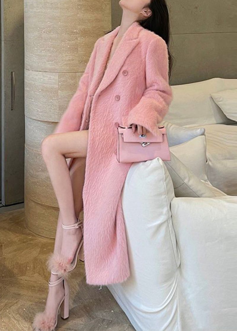 Chic Rosa Peter Pan Krage Dubbelbröst Patchwork Yllerock Vinter - Ullrockar för kvinnor
