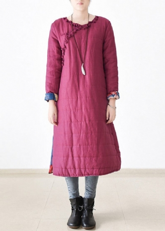 Chic Rose O-neck Button Side Open Tjock Linne Lång Parka Witner