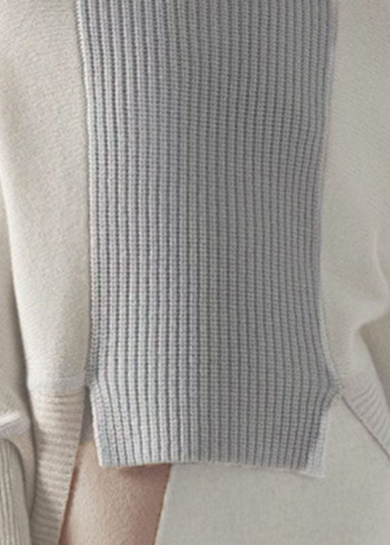 Chic Vit High Neck Asymmetrisk Patchwork Ull Stickad Pullover Vinter - Ullrockar för kvinnor