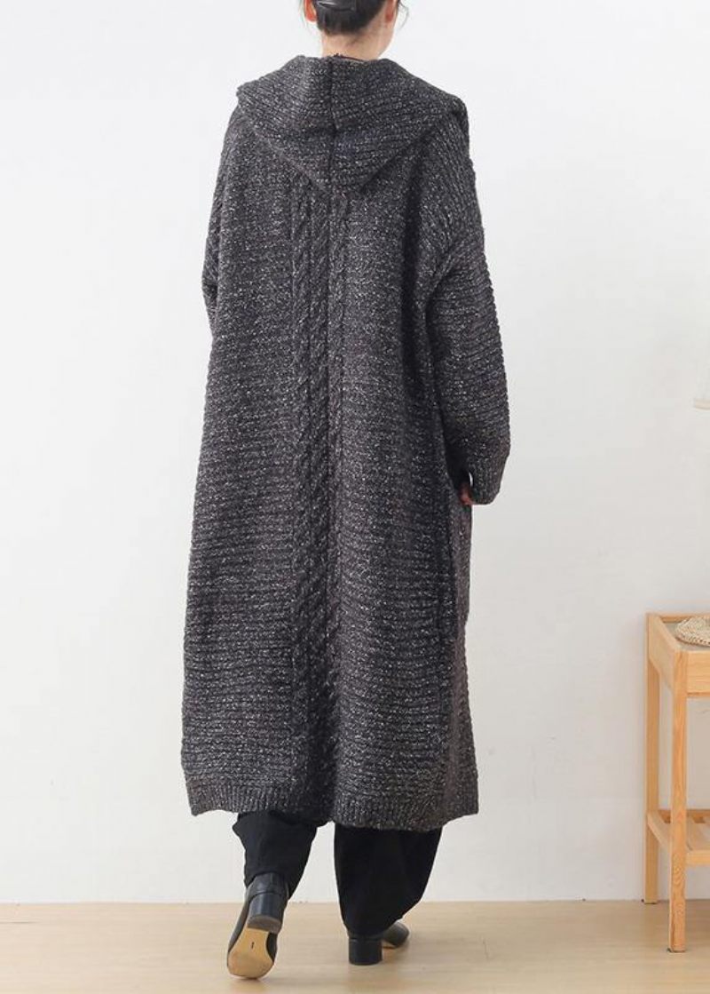 Chunky Grå Stickade Cardigans Plus Size Kläder Huvfickor Ytterkläder - Koftor för kvinnor