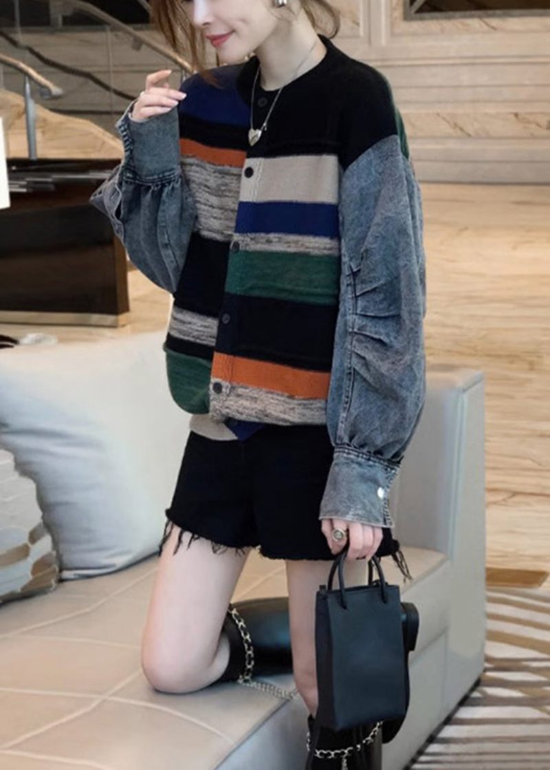 Colorblock Denim Patchwork Stickad Tröja Kappa Dam Höst Och Vinter 2024 - Vinterkappor för kvinnor