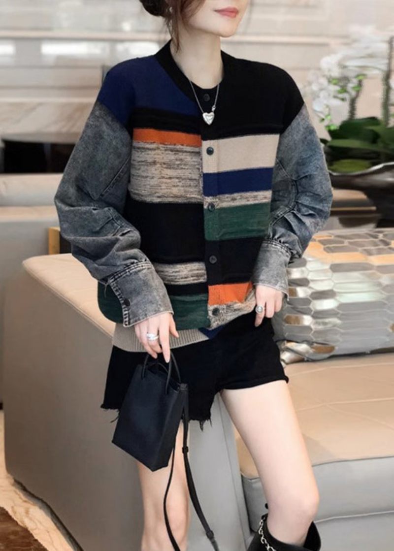 Colorblock Denim Patchwork Stickad Tröja Kappa Dam Höst Och Vinter 2024 - Vinterkappor för kvinnor