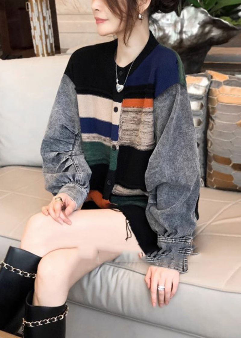 Colorblock Denim Patchwork Stickad Tröja Kappa Dam Höst Och Vinter 2024 - Vinterkappor för kvinnor