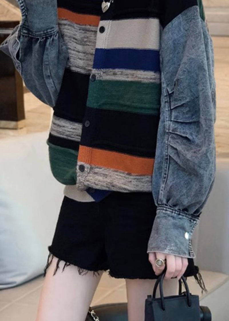 Colorblock Denim Patchwork Stickad Tröja Kappa Dam Höst Och Vinter 2024 - Vinterkappor för kvinnor