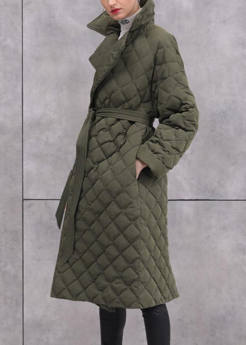 Dam Army Green Tie Midjefickor Duck Down Coat Långärmad - Vinterkappor för kvinnor