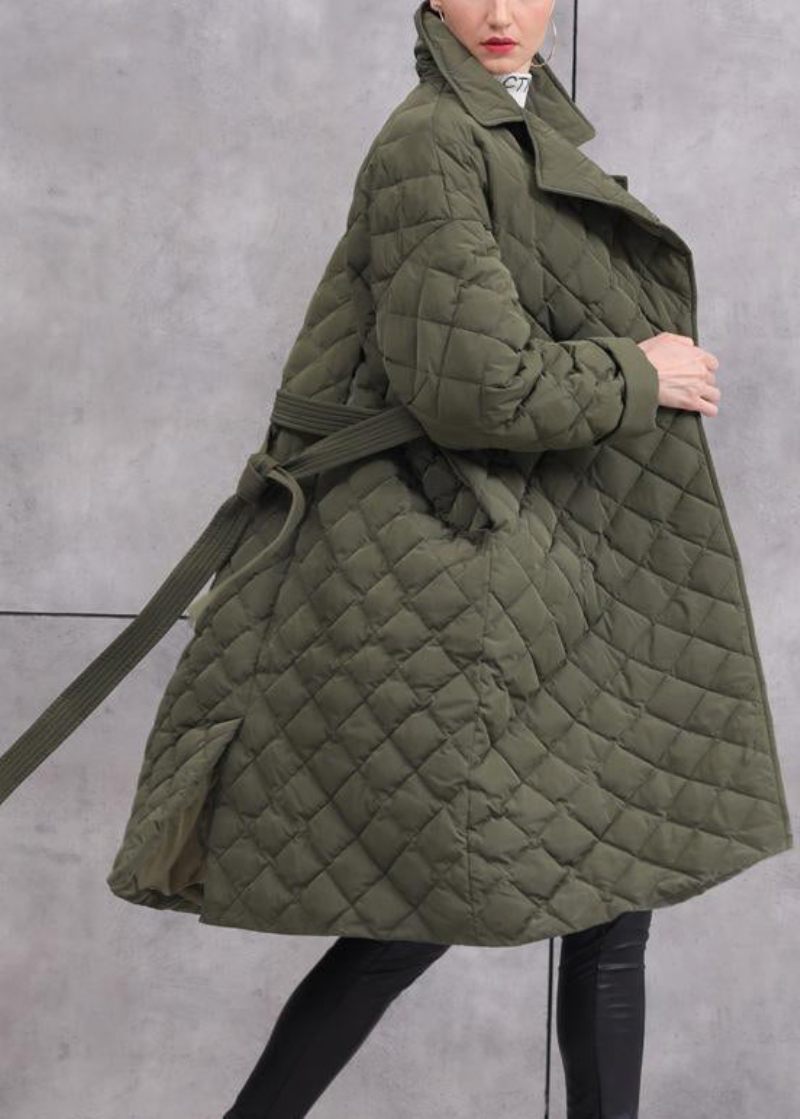 Dam Army Green Tie Midjefickor Duck Down Coat Långärmad - Vinterkappor för kvinnor