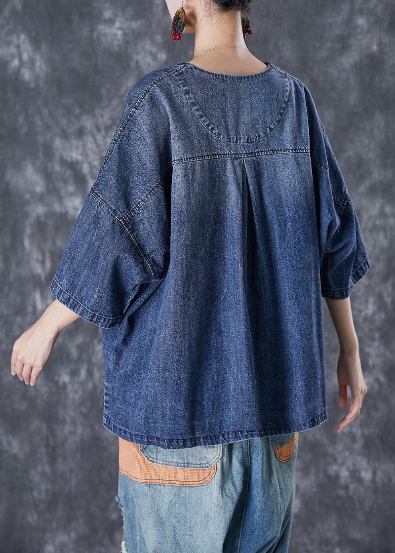 Dam Blå V-hals Patchwork Fickor Denimrockar Sommar - Vinterkappor för kvinnor