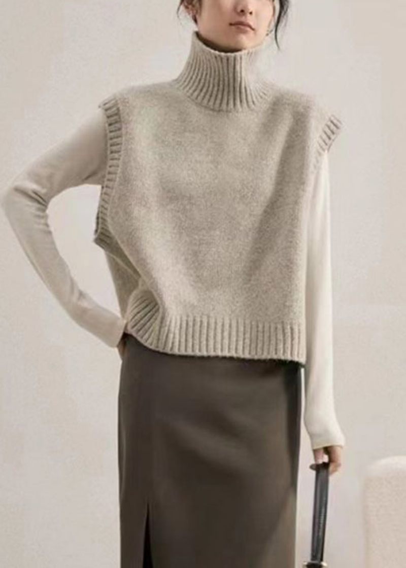 Dam Camel Turtleneck Patchwork Stickad Väst Ärmlös - Koftor för kvinnor