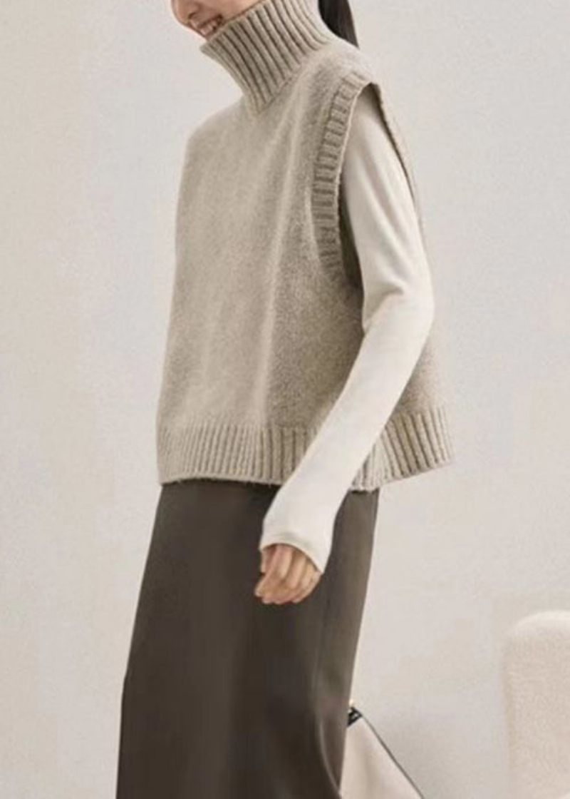 Dam Camel Turtleneck Patchwork Stickad Väst Ärmlös - Koftor för kvinnor