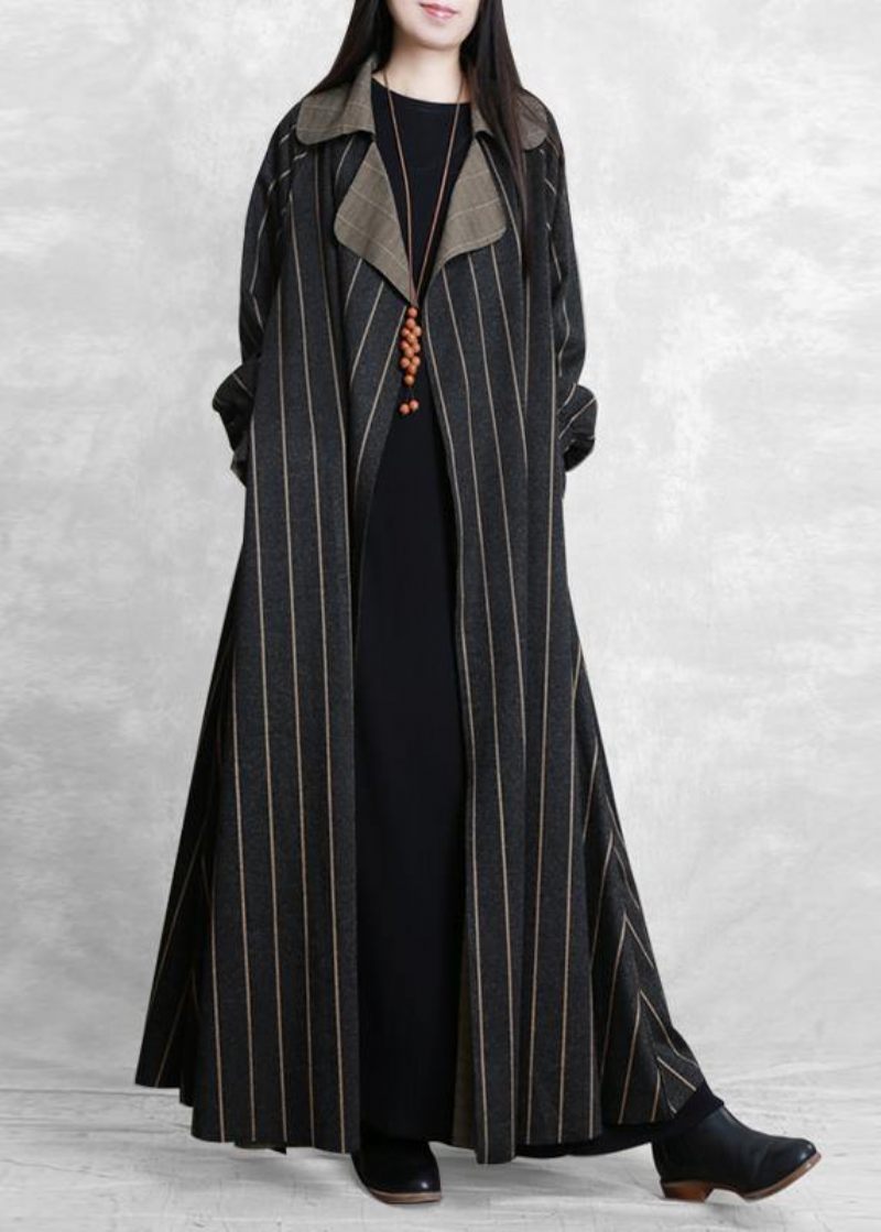 Dam Plus Size Trenchcoat Mörkgrå Randig Ullkappa Med Skåror För Kvinnor - Ullrockar för kvinnor