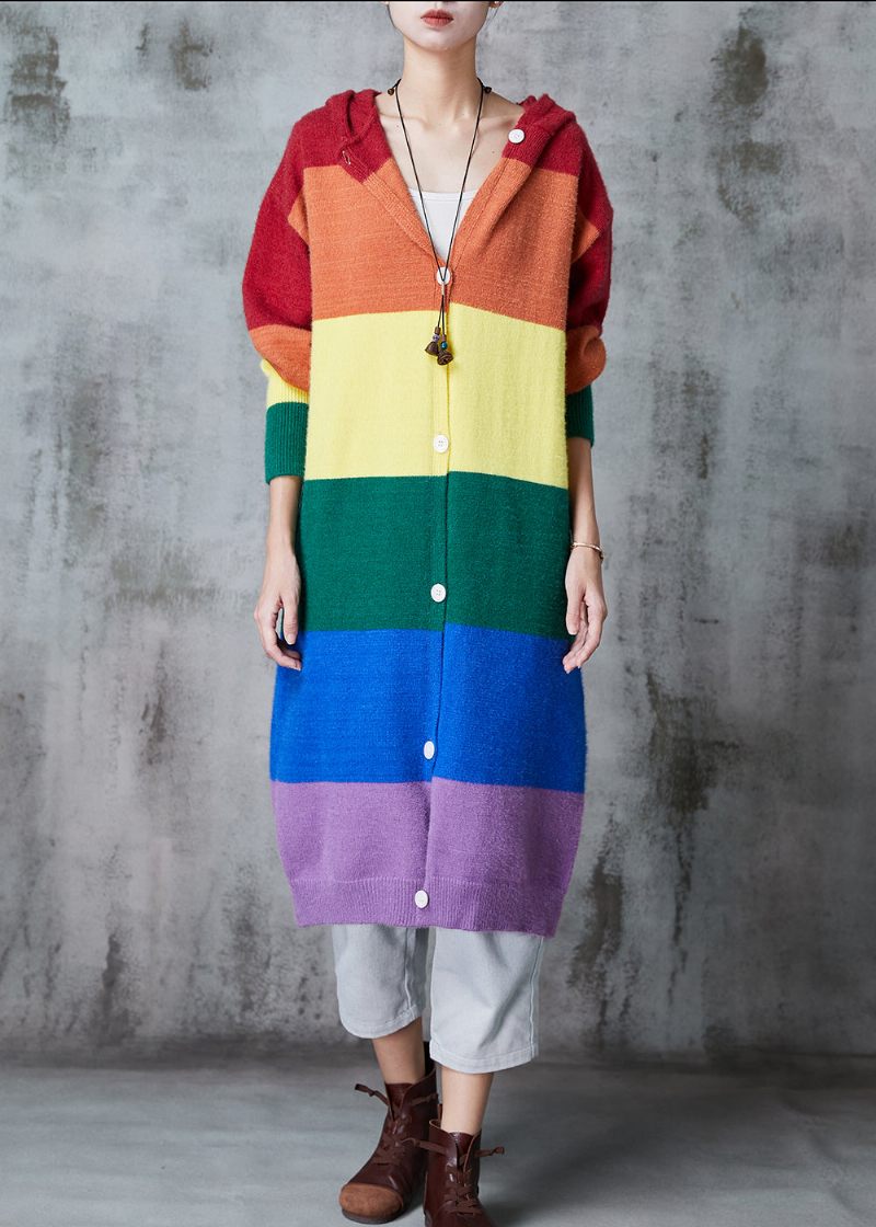 Dam Rainbow Hooded Patchwork Stickade Långa Cardigans Spring - Koftor för kvinnor