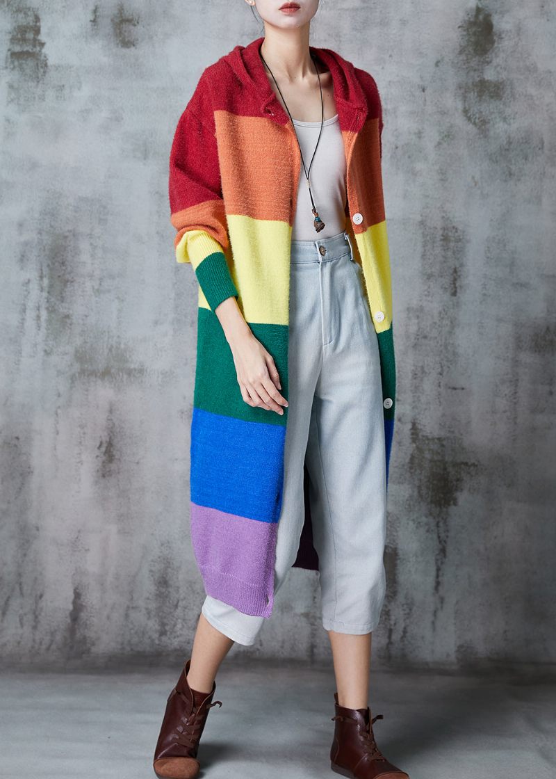 Dam Rainbow Hooded Patchwork Stickade Långa Cardigans Spring - Koftor för kvinnor