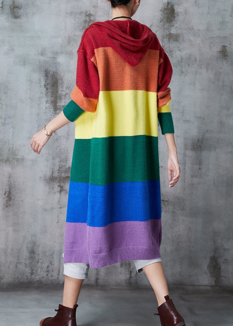 Dam Rainbow Hooded Patchwork Stickade Långa Cardigans Spring - Koftor för kvinnor
