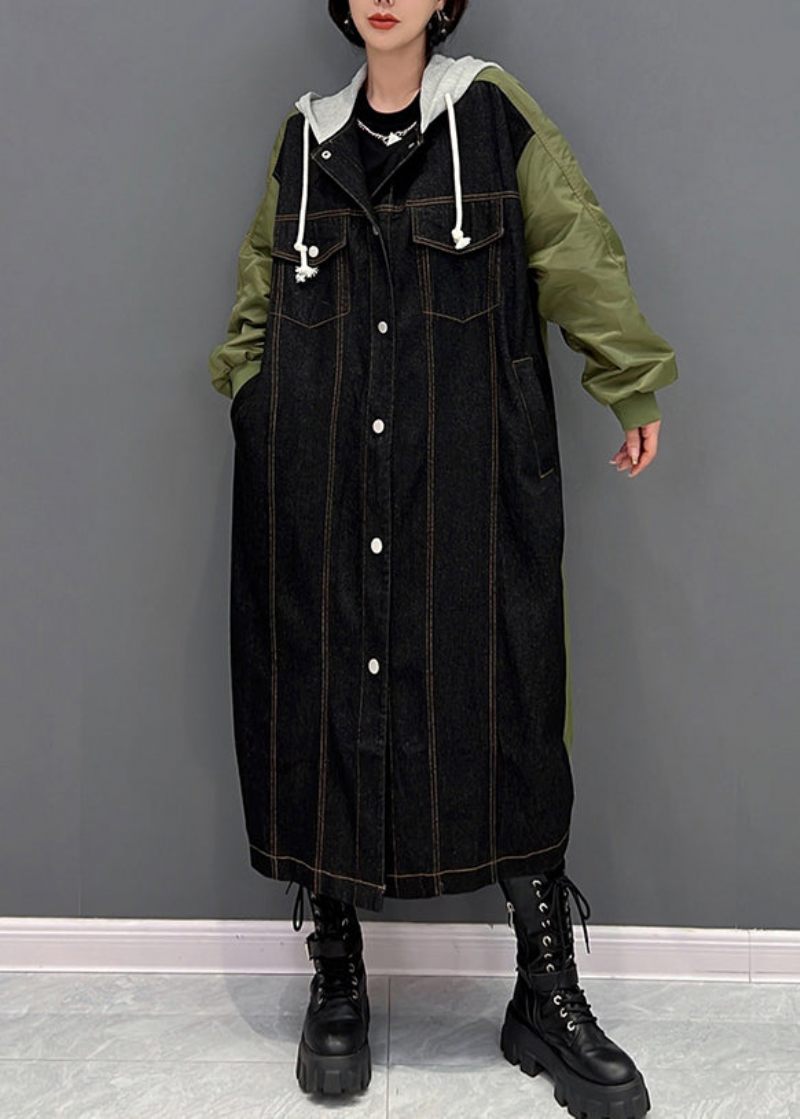 Denim Svart Patchwork Button Hood Coat Fall - Svart