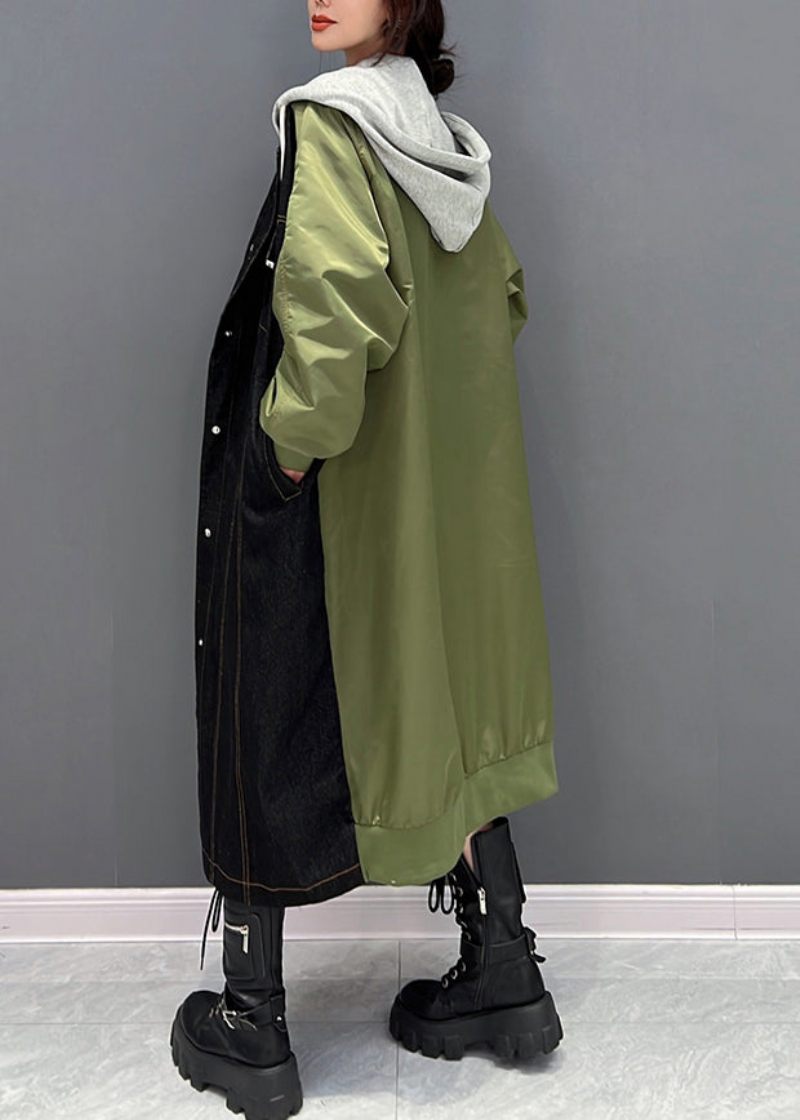 Denim Svart Patchwork Button Hood Coat Fall - Svart