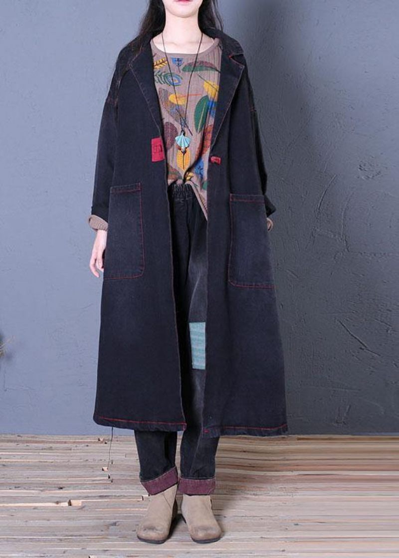 Denim Svarta Kappor Trendiga Plus Size Höst Maxi Ytterkläder