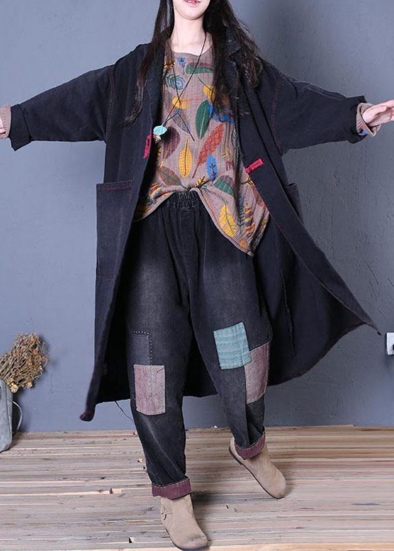 Denim Svarta Kappor Trendiga Plus Size Höst Maxi Ytterkläder - Trenchcoats för kvinnor