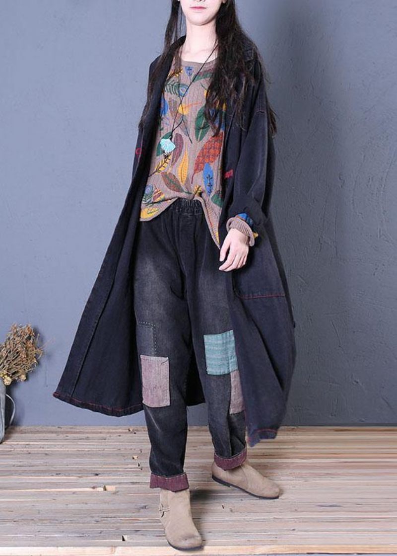 Denim Svarta Kappor Trendiga Plus Size Höst Maxi Ytterkläder - Trenchcoats för kvinnor