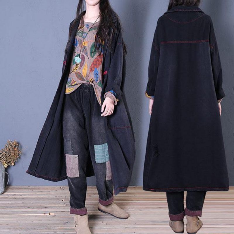 Denim Svarta Kappor Trendiga Plus Size Höst Maxi Ytterkläder - Trenchcoats för kvinnor