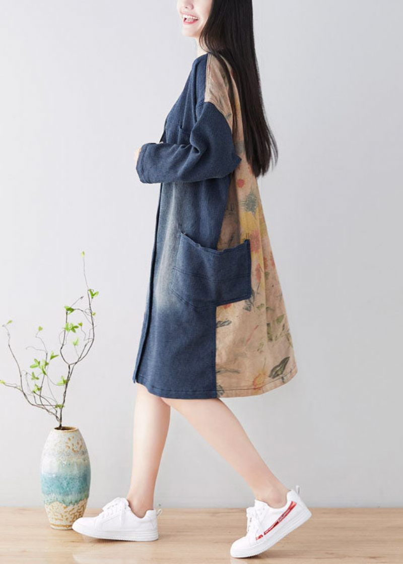 Diy Blue V-hals Patchwork Trenchcoats Vår - Blå
