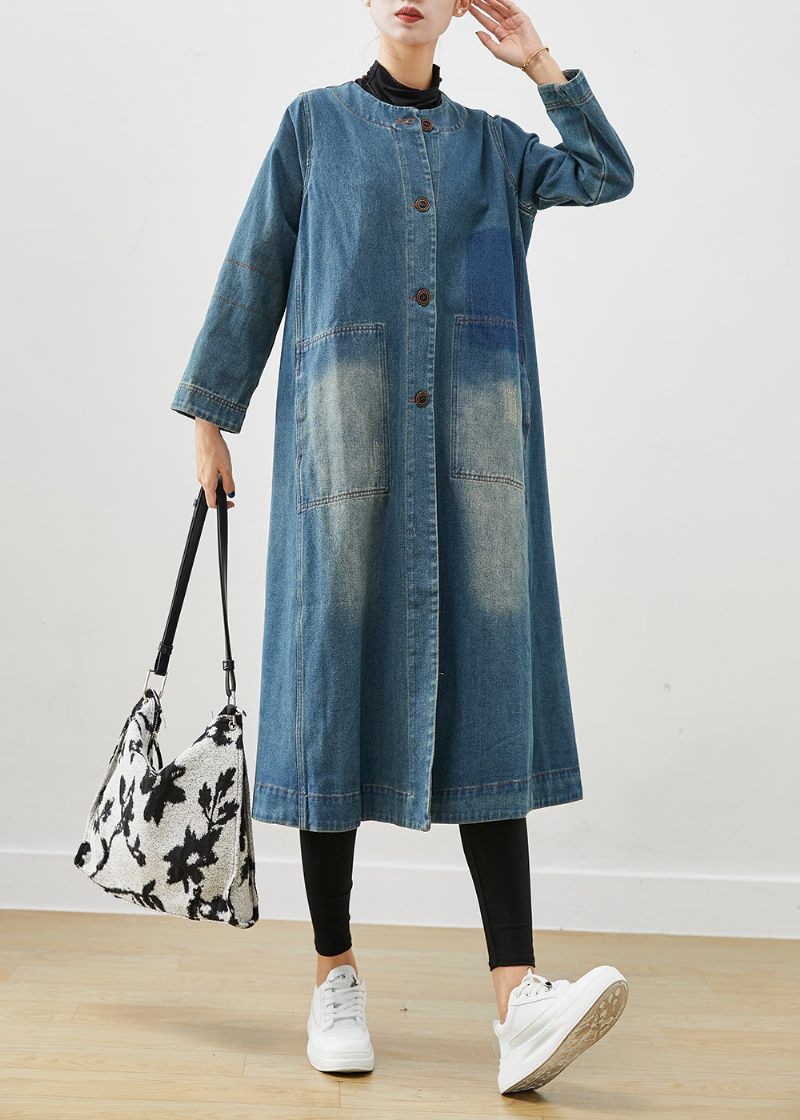 Diy Denim Blå O-halsfickor Bomull Trench Coat Höst - Trenchcoats för kvinnor
