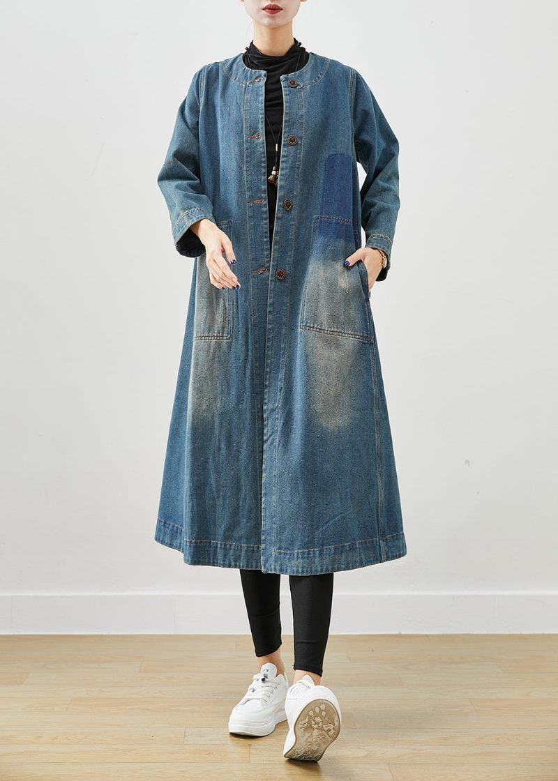 Diy Denim Blå O-halsfickor Bomull Trench Coat Höst - Trenchcoats för kvinnor