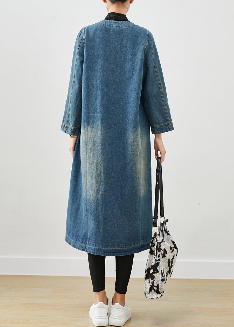 Diy Denim Blå O-halsfickor Bomull Trench Coat Höst - Trenchcoats för kvinnor