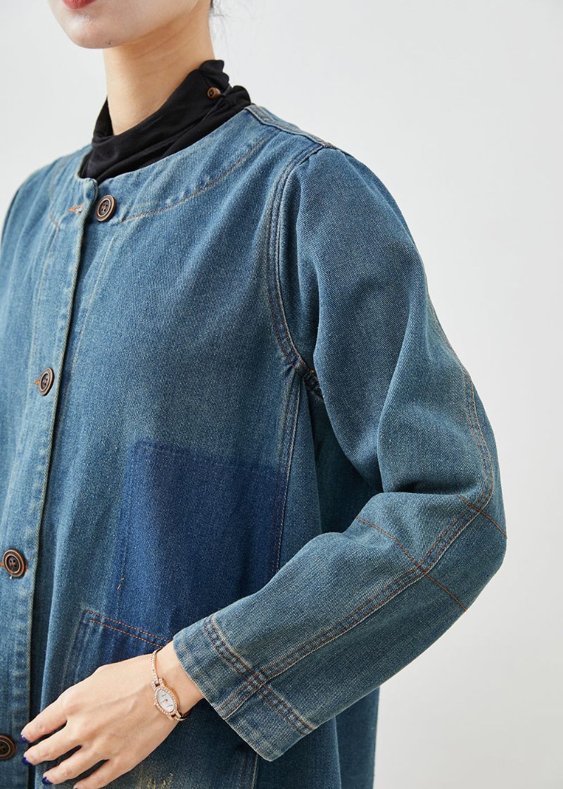 Diy Denim Blå O-halsfickor Bomull Trench Coat Höst - Trenchcoats för kvinnor