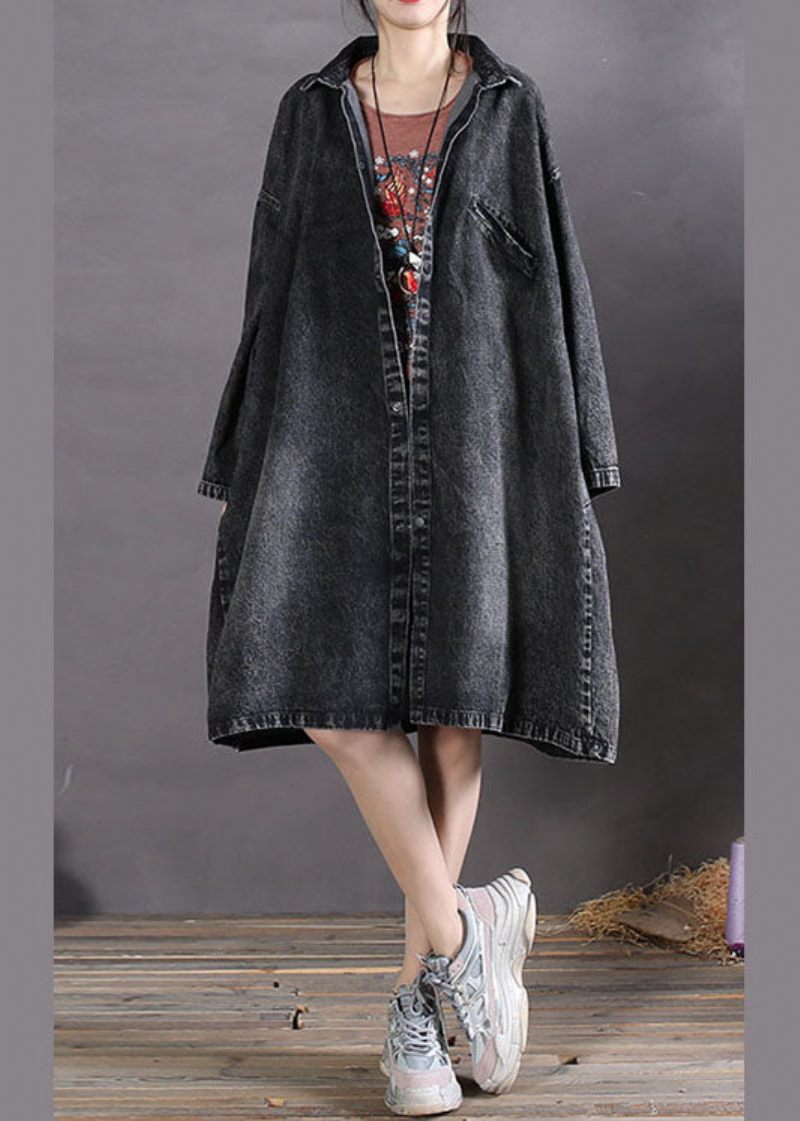 Diy Kolgrå Peter Pan Krage Knapp Denim Kappor Vår - Trenchcoats för kvinnor