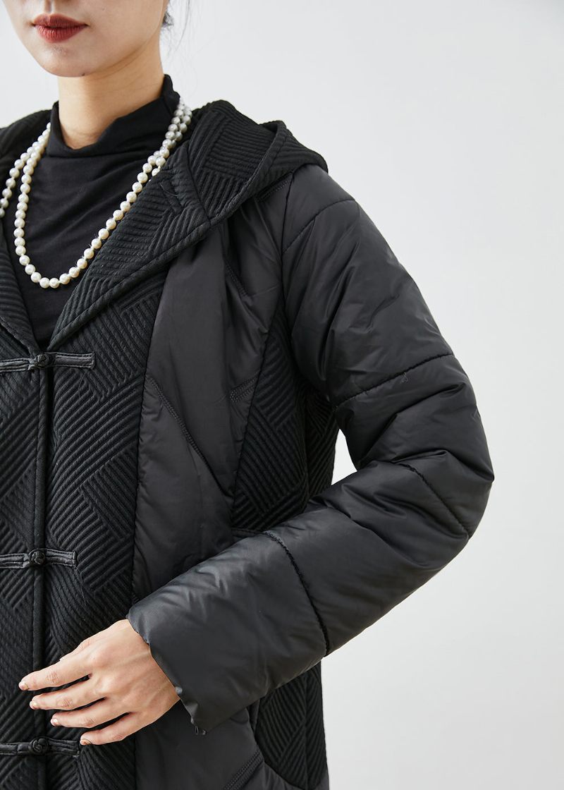Diy Svart Hooded Patchwork Kinesisk Knapp Fin Bomullsfylld Parka Vinter - Dunjackor för kvinnor