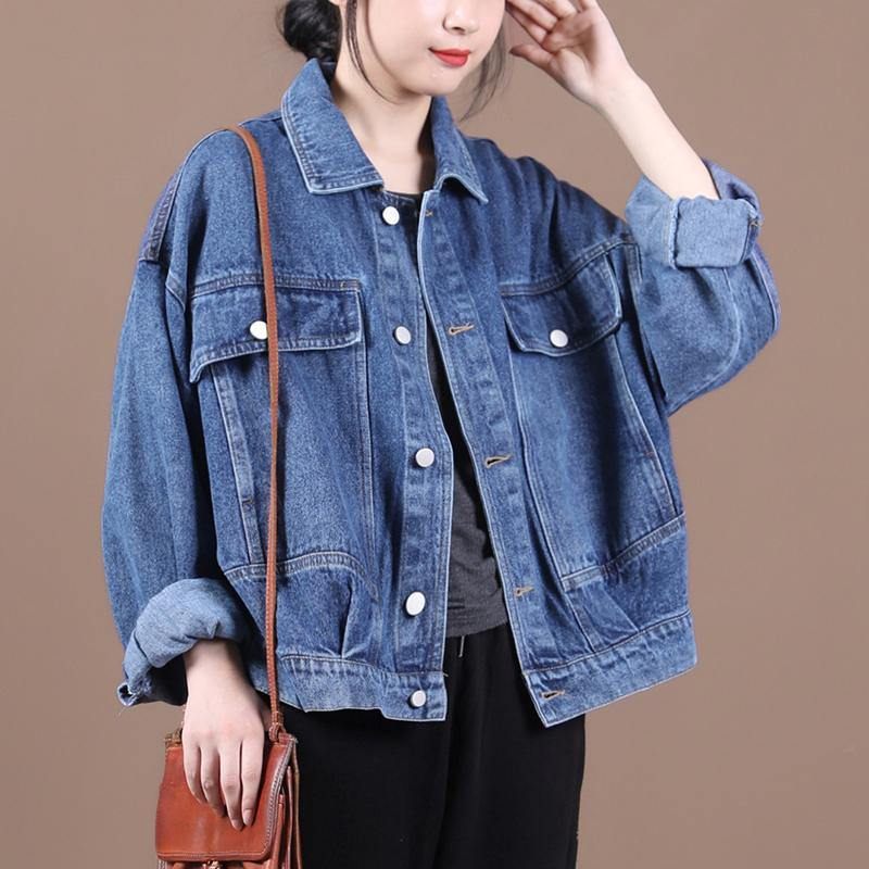 Ekologisk Denimblå Fin Maxi-kappa Inspiration Lapel-höstjackor