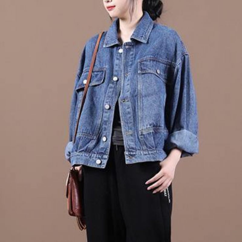 Ekologisk Denimblå Fin Maxi-kappa Inspiration Lapel-höstjackor - Blå