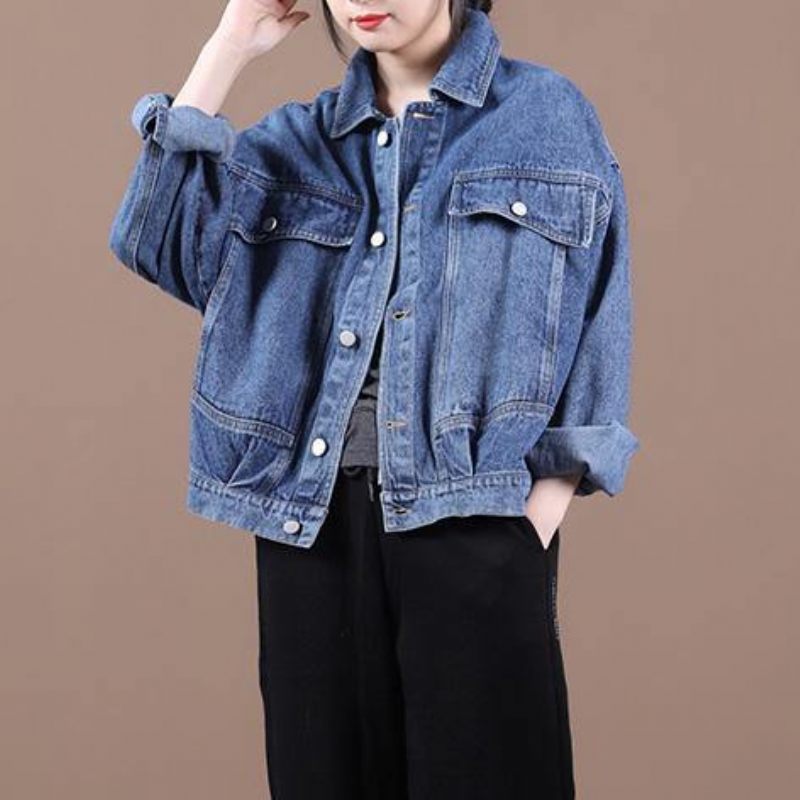 Ekologisk Denimblå Fin Maxi-kappa Inspiration Lapel-höstjackor - Blå