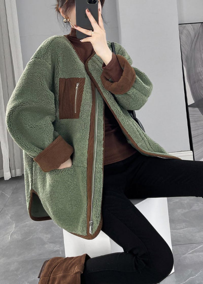 Ekologisk Grön Oversized Patchwork Fuskpäls Teddy Coat Vinter