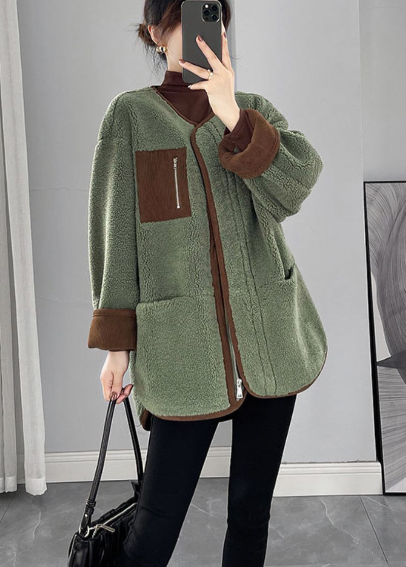 Ekologisk Grön Oversized Patchwork Fuskpäls Teddy Coat Vinter - Vinterkappor för kvinnor