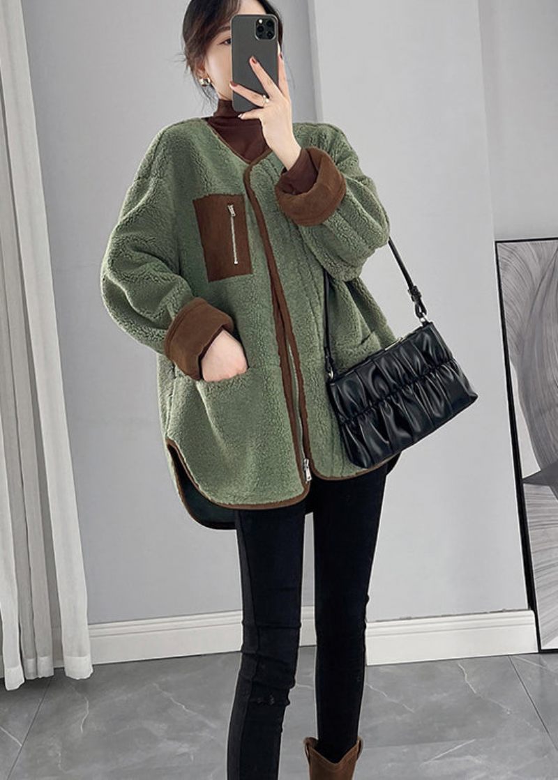 Ekologisk Grön Oversized Patchwork Fuskpäls Teddy Coat Vinter - Vinterkappor för kvinnor