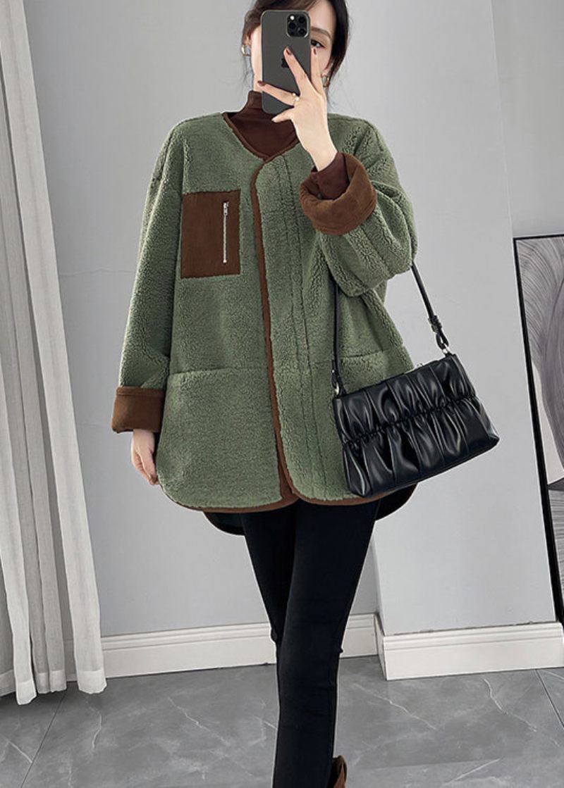 Ekologisk Grön Oversized Patchwork Fuskpäls Teddy Coat Vinter - Vinterkappor för kvinnor