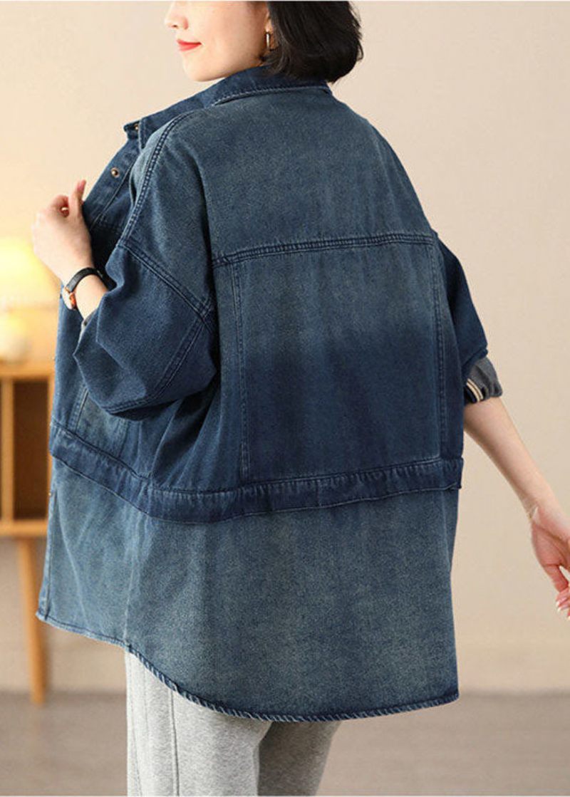 Ekologiska Blå Överdimensionerade Patchworkfickor Bomull Denimrockar Vår - Vinterkappor för kvinnor