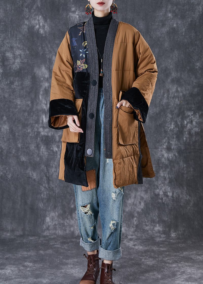 Elegant Kaffe V-hals Patchwork-fickor Fina Bomullsfyllda Jackor Vinter