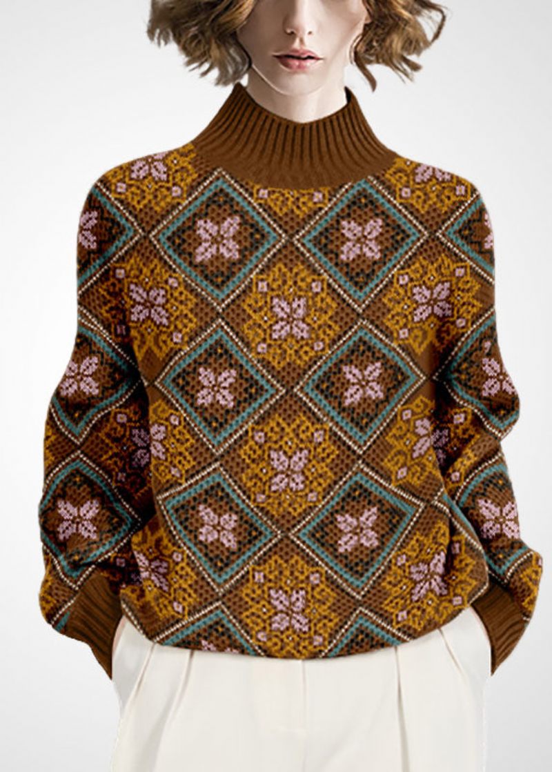 Elegant Khaki High Neck Tjock Print Ull Tröjor Vinter - Ullrockar för kvinnor