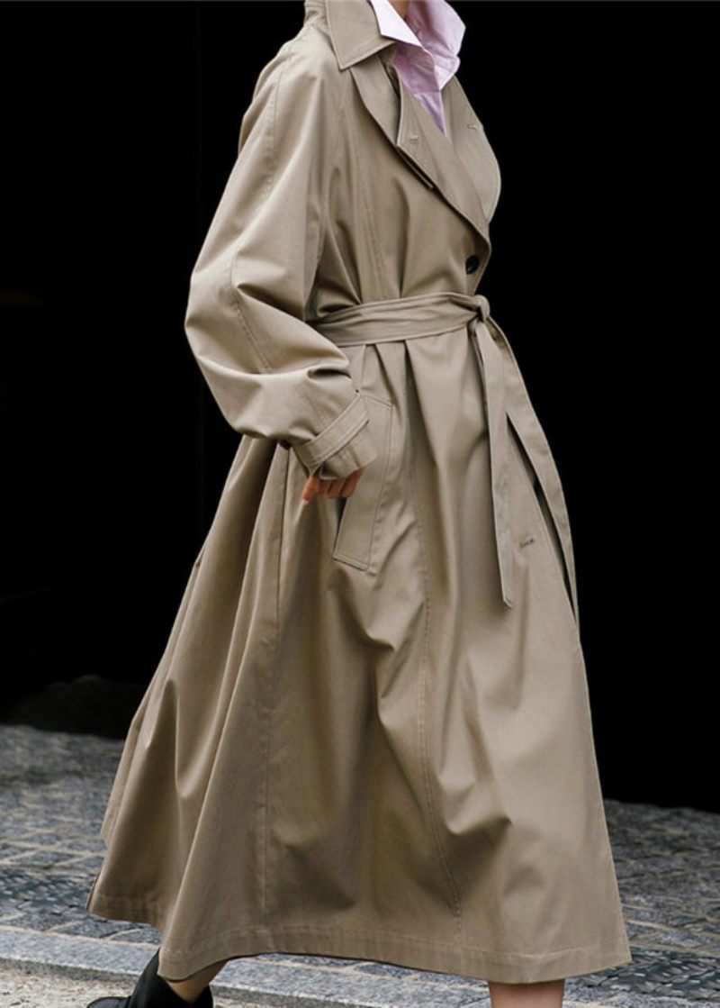 Elegant Khaki Peter Pan Krage Knyttan Midja Knappfickor Bomull Trench Coats Långärmad